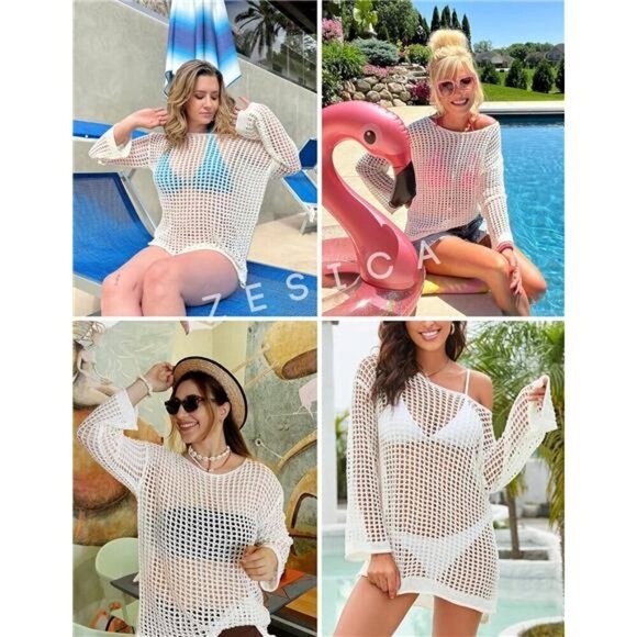 Women's Summer Hollow Out Mesh Beach Bikini Cover Up Tunic Top - Picture 5 of 7